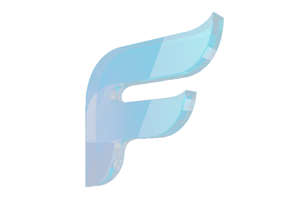 Fontana logo as 3D transparent glass, tilted 30 degrees on transparent background