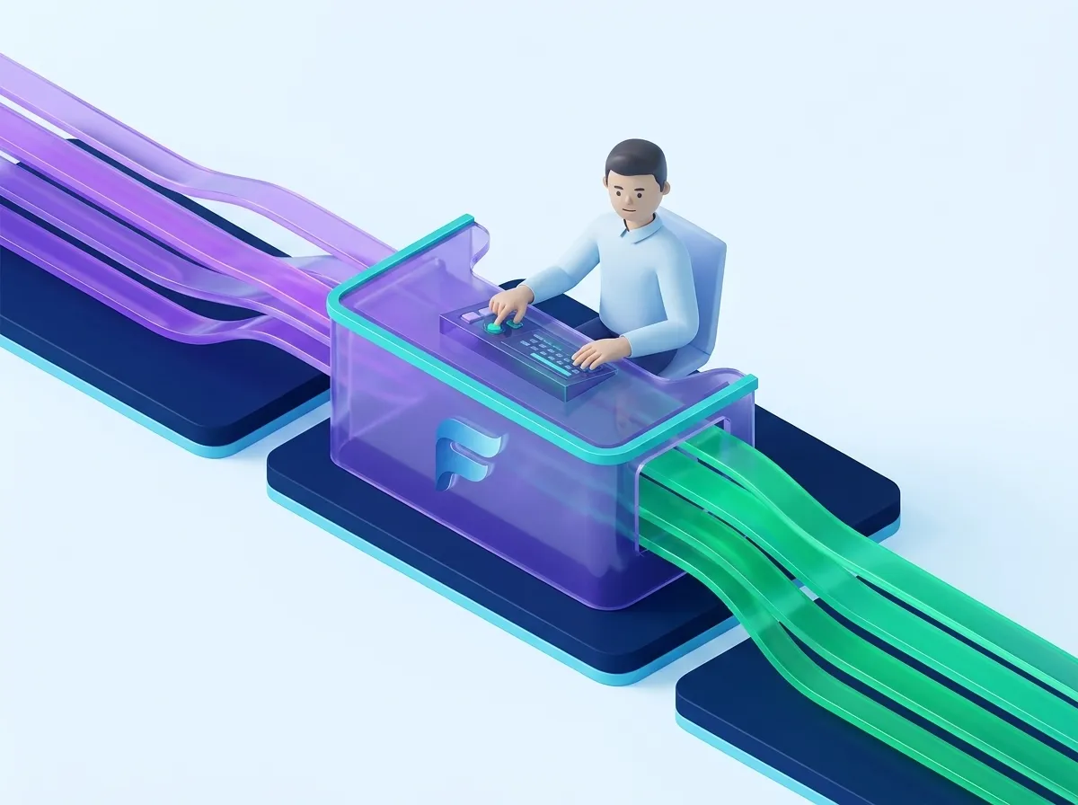 Human operator approves a flow as luminous purple pending data becomes luminous green approved data