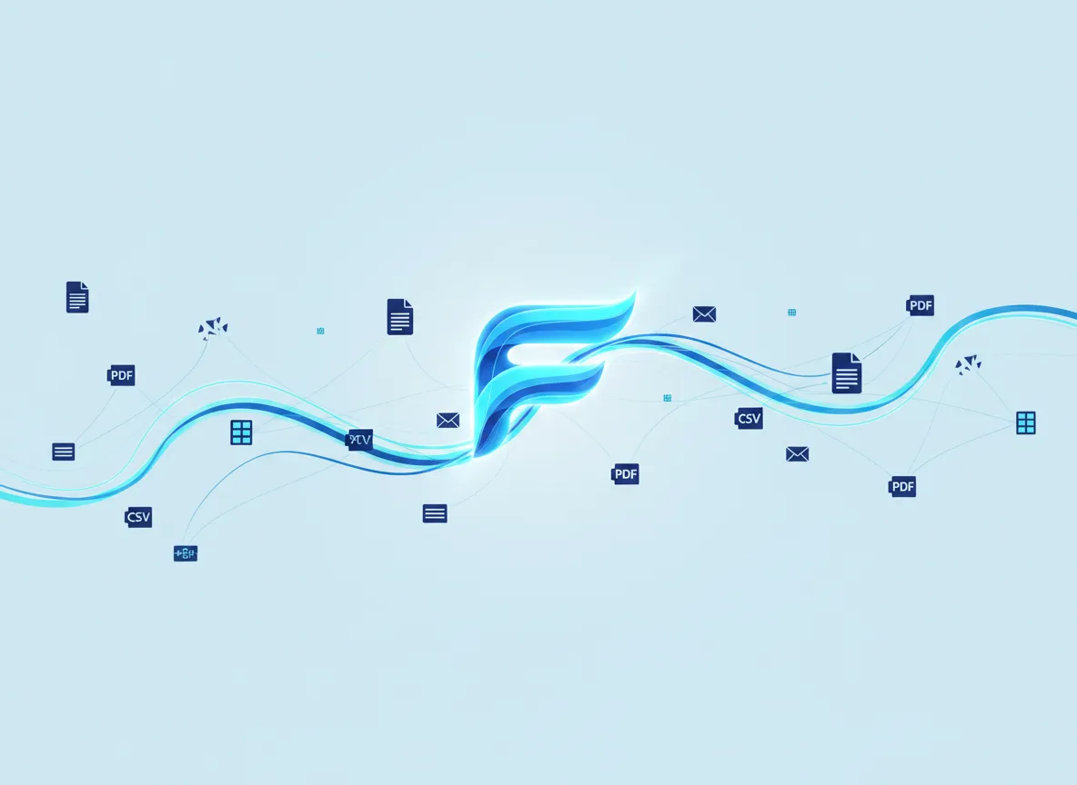 Scattered abstract PDF, email, CSV, and spreadsheet glyphs linked by fragile handoff threads on ice-blue ground