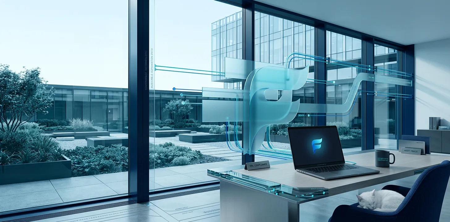 Home workspace with laptop and coffee, a white cat, lush green garden outside, and warm sunlight through the window