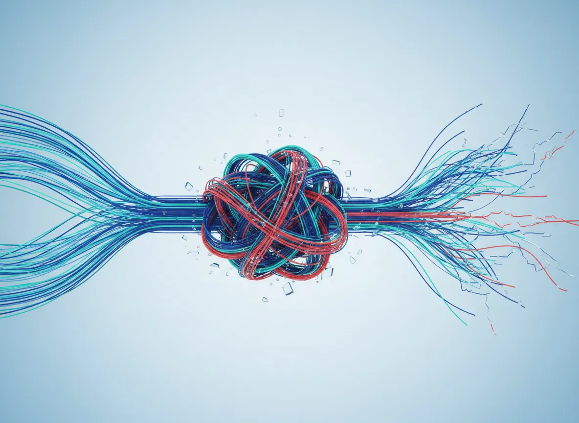 Clean incoming data paths tangled in the middle with torn red wires exiting chaotically
