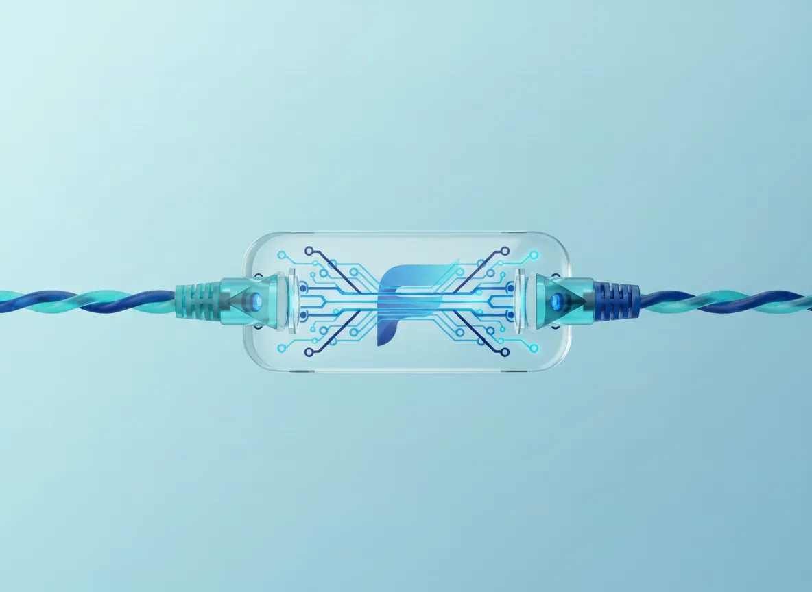 Large glass adapter with monochrome glass relief of the mark shape joining two cables